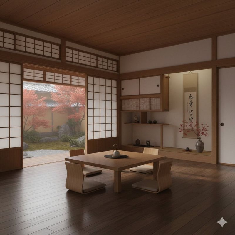 Architettura giapponese: caratteristiche, stili e materiali tradizionali 2 Case giapponesi tradizionali: Teiera di ceramica su tavolo da pranzo in stile giapponese, interni vista sul giardino zen, ambientazione tradizionale con tatami e carta di riso, atmosfera zen e rilassante, decorazioni minimaliste.