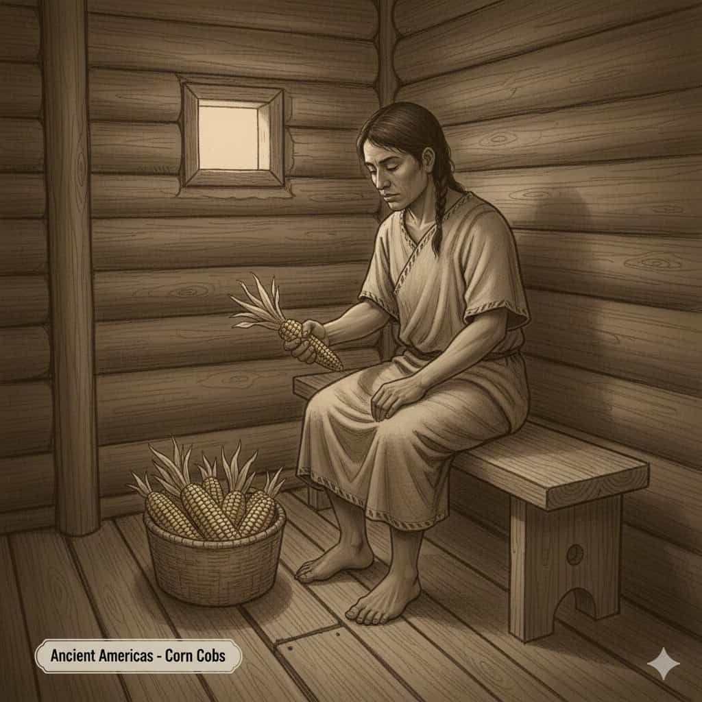 Femminile anziana delle antiche Americhe seduta in una capanna di legno, che tiene un mazzo di granturco, con un secchio di corn cobs vicino, rappresentazione storica di uno stile di vita tradizionale.