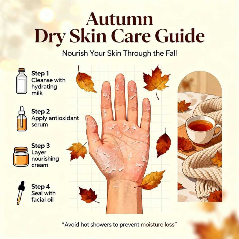 Autunno pelle secca: cause e rimedi efficaci 4 Creme viso per pelle secca autunnale, con foglie autunnali e tazza di tè, illustrato a guida di cura della pelle secca in autunno, ideale per proteggere e nutrire la pelle during cambiamenti stagionali.
