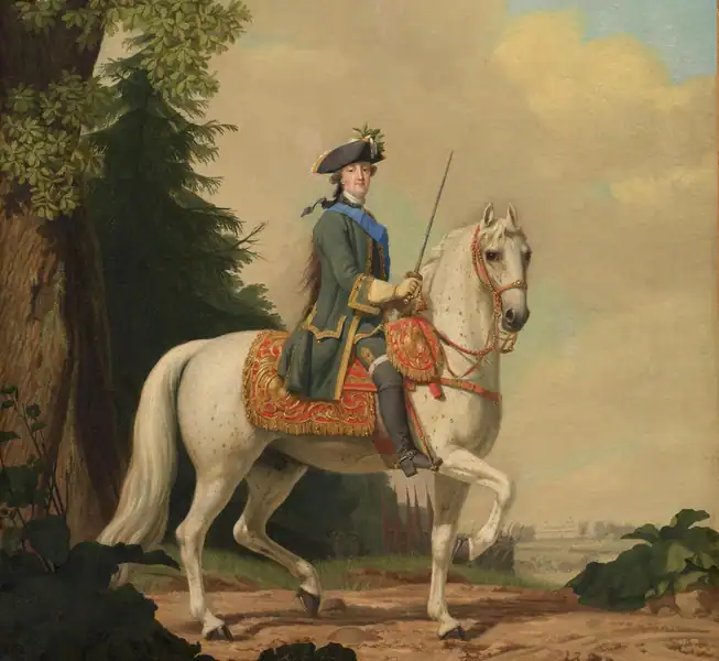 10 Donne più potenti della Storia: simboli di Forza 7 Caterina II di Russia (1729-1796): L’imperatrice illuminata che trasformò la Russia. Donna Cavaliere in abiti storici su un cavallo bianco, dipinto classico all'aperto con alberi e cielo nuvoloso, stile romantico.