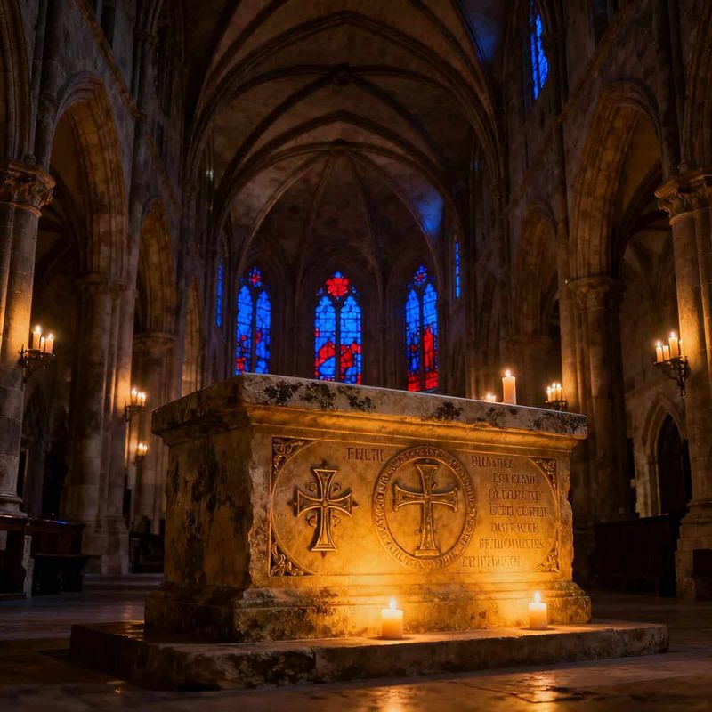 8 Chiese Spaventose Napoli: Teschi, Leggende e Misteri 4 Santa croce, cattedrale gotica con altare di pietra, ampie vetrate colorate, candele accese e archi a volta, atmosfera religiosa e storica in ambiente sacro.