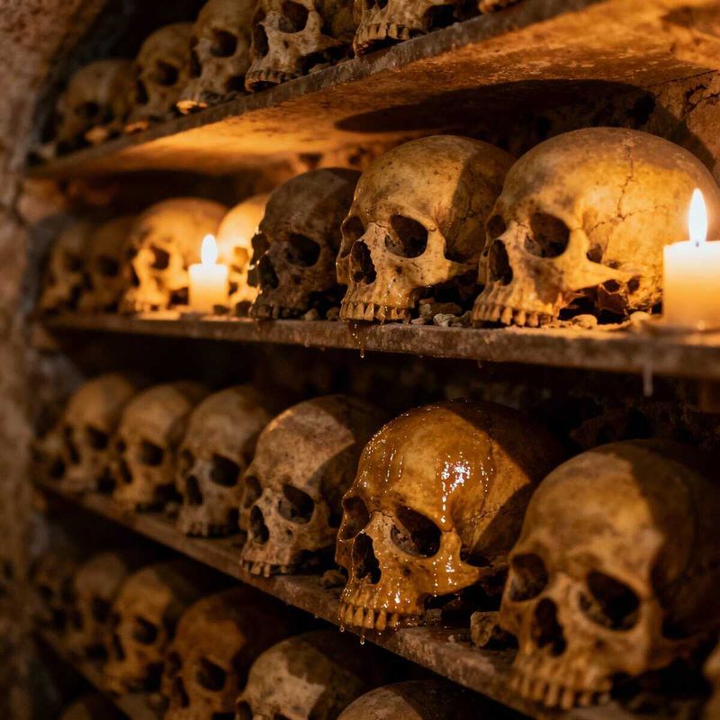 8 Chiese Spaventose Napoli: Teschi, Leggende e Misteri 6 Teschi umani antichi in una cripta con candele, atmosfera misteriosa e inquietante, simbolo di memoria storica e rituali funerari. Perfetto per contenuti storici, culturali e di misticismo.