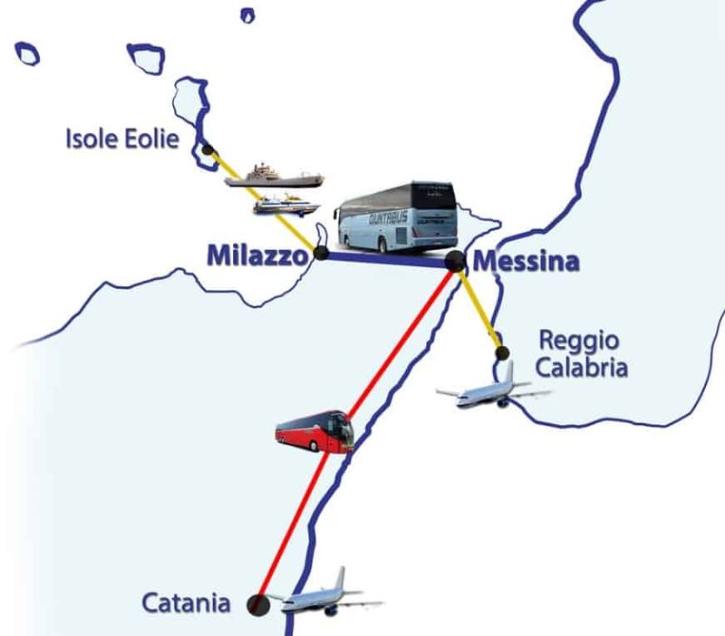 Scopri Salina isola delle Eolie, sapori autentici 8 Line 1: It-ALT: Mappa delle rotte di trasporto tra Messina, Milazzo e le Isole Eolie con autobus, nave e aereo per viaggi in Sicilia e Calabria.