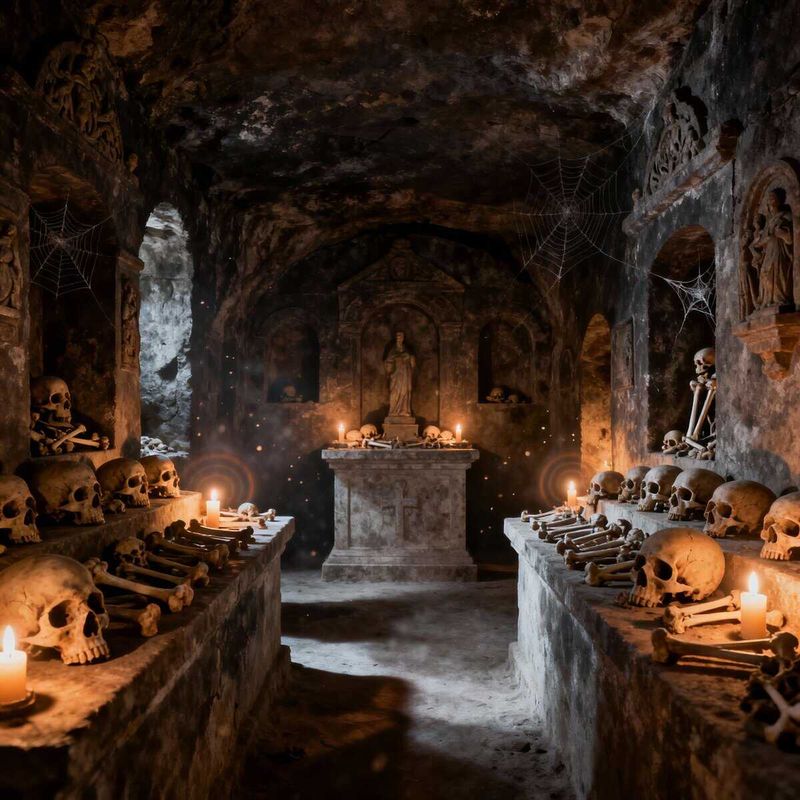 8 Chiese Spaventose Napoli: Teschi, Leggende e Misteri 8 Skull e ossa umane all'interno di una grotta antica, ambientazione spettrale e misteriosa decorata con candele e ragnatele, atmosfera darks, adatta a temi di Illuminismo, occulto o storie horror.