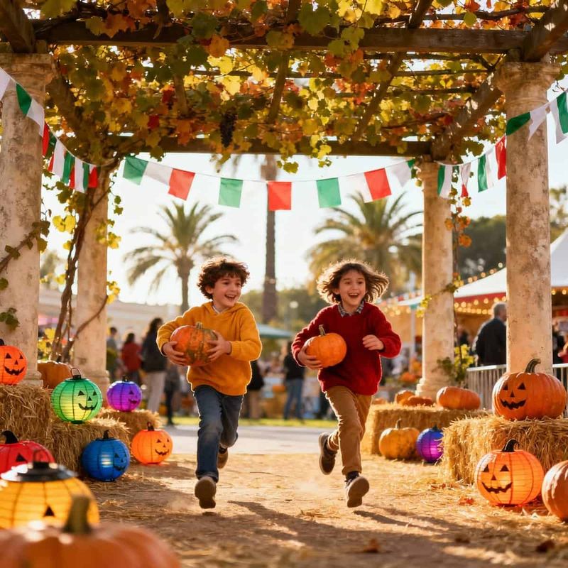 Giochi di zucca Mostra d'Oltremare a Napoli 2 Pumpkin patch di napoli: Viviani bambini che corrono tra zucche di Halloween e lanterne colorate in un parco autunnale. Decorazioni festive, luci e atmosfera di festa di Halloween in una giornata soleggiata.