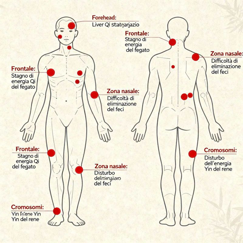 Perché compaiono i brufoli dopo la pubertà 3 Mappe di medicina cinese che evidenziano i punti di agopuntura e le zone del corpo correlate all'energia e ai disturbi fisici, utili per trattamenti di benessere e salute naturale.