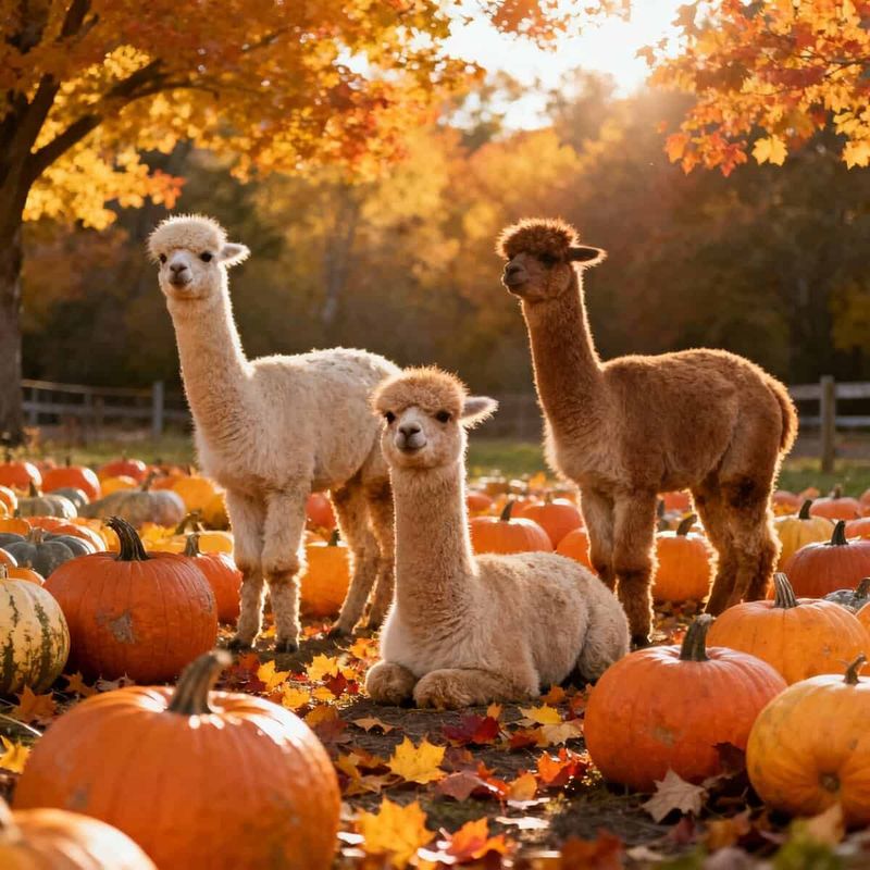 11 Villaggi delle Zucche Campania 2025 4 Albero autunnale con foglie gialle e arancioni, tre alpaca tra zucche di Halloween, paesaggio rurale, atmosfera calda e accogliente, ideale per blog su natura e agricoltura.
