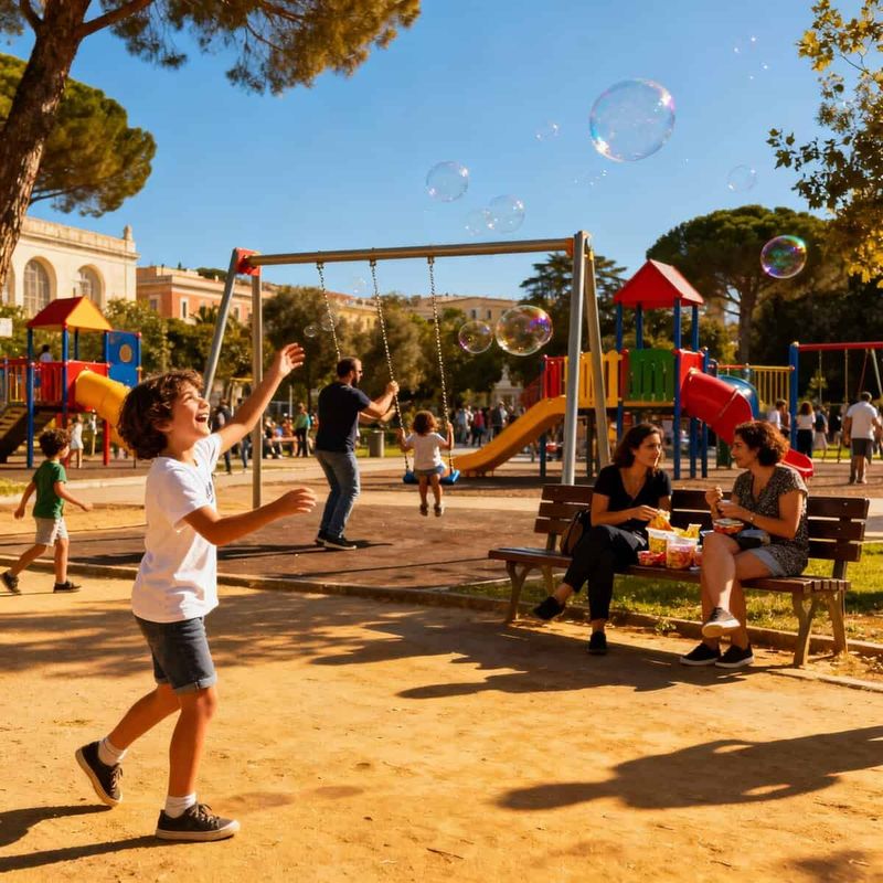 Giochi di zucca Mostra d'Oltremare a Napoli 5 Bellissimo parco giochi all'aperto con bambini che giocano, adulti che si rilassano e bolle di sapone che creano un'atmosfera gioiosa e vivace in una giornata di sole.