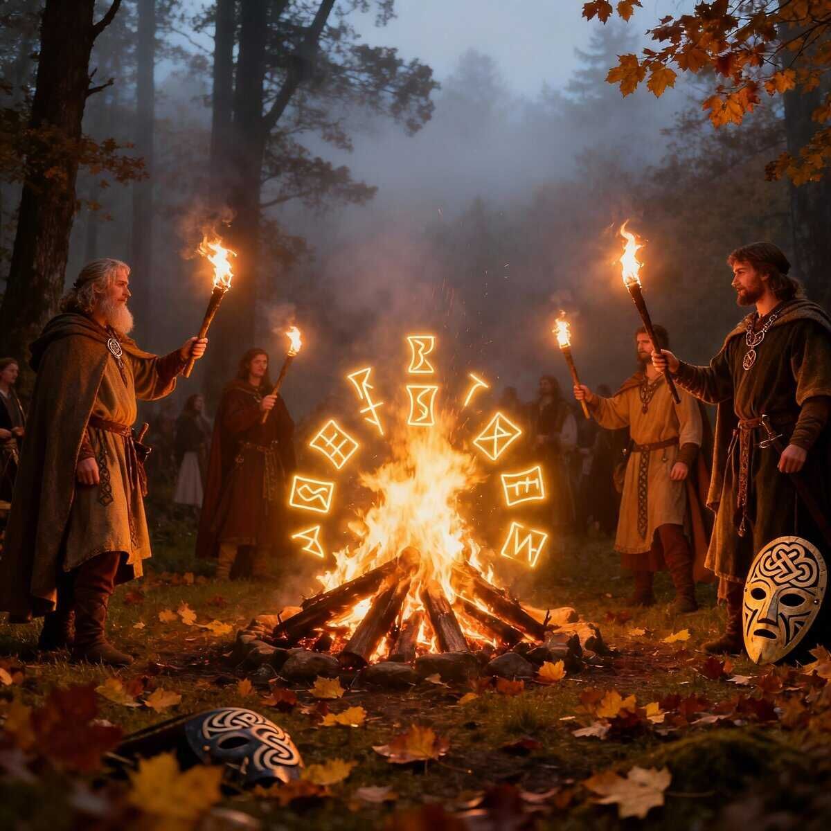 Incantesimi vichinghi intorno a un grande falò nel bosco autunnale, con rune luminose che emergono tra le fiamme, creando un'atmosfera misteriosa e simbolica di antiche tradizioni norrene.