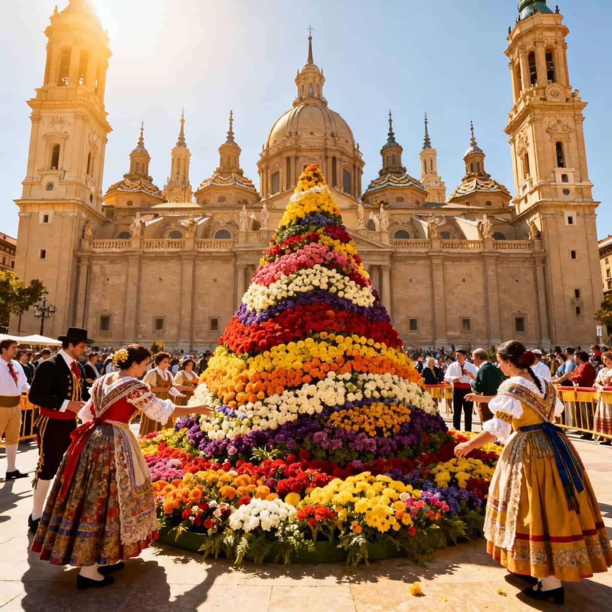 Fiorella di fiori variopinti decorata a festa davanti a una chiesa barocca in Spagna, con persone in abiti tradizionali che la ammirano e partecipano alla celebrazione.