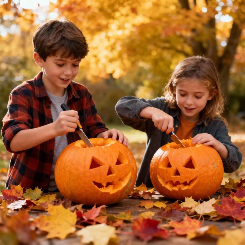 Giochi di zucca Mostra d'Oltremare a Napoli 4 Pumpkin carving con bambini, attività creativa di Halloween all'aperto, decorazione di zucche intagliate. Divertimento autunnale per tutta la famiglia, preparazione per la festa di Halloween.