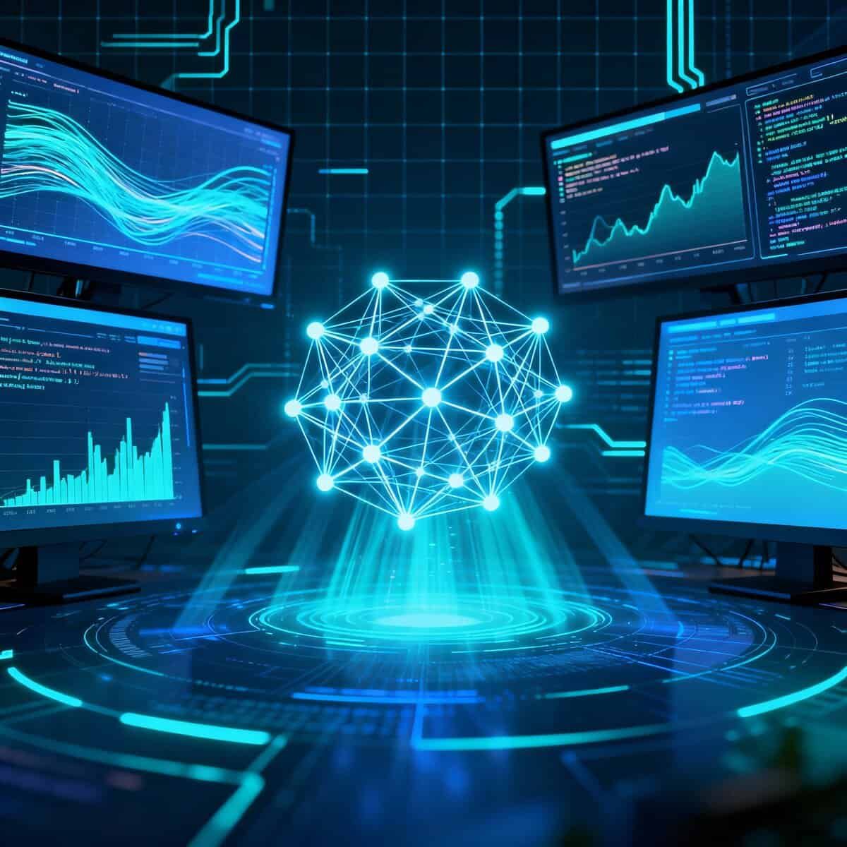 Rete neurale digitale con monitor di analisi dati, intelligenza artificiale e grafici di rendimento, rappresenta l'innovazione tecnologica e l'automazione nei sistemi informatici.