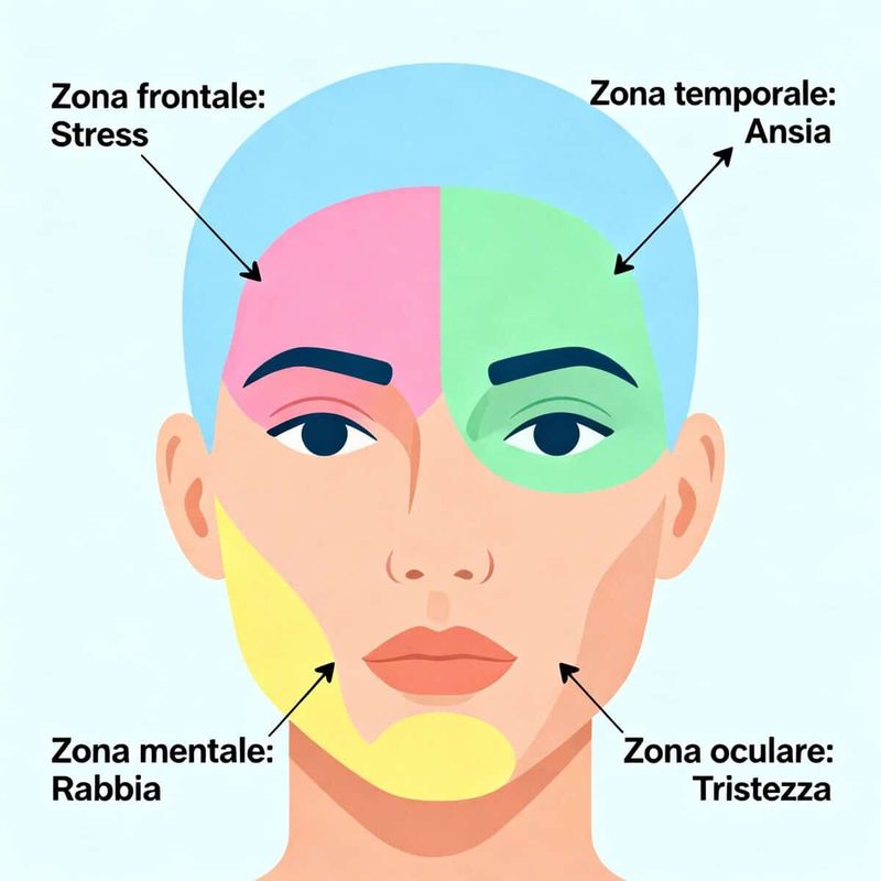Perché compaiono i brufoli dopo la pubertà 2 Acne tardiva dopo la pubertà: Suggerimenti per lo stress, ansia, rabbia e tristezza sul volto umano – mappa delle zone emotive e mentali, illustrando come diverse emozioni influenzano il viso e la mente.