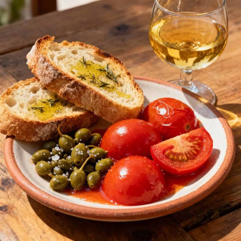 Scopri Salina isola delle Eolie, sapori autentici 3 Fette di pane casereccio con burro all'aglio, pomodori maturi, uva verde e vino bianco, su un piatto rustico in stile italiano, perfetto per antipasto o aperitivo.