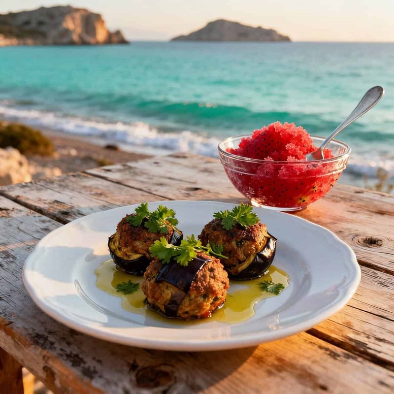 Scopri Salina isola delle Eolie, sapori autentici 4 piatto di polpette di melanzane siciliane con granita al fico d’India su tavolo eoliano vista mare