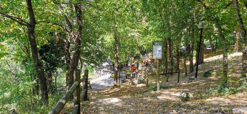 Via degli Dei in autunno: guida pratica da Bologna a Firenze - tappe, dislivelli, dove dormire 5 Via degli Dei in autunno: Fogliame autunnale e sentiero nel parco con panchine e illuminazione pubblica, ambiente naturale e rilassante, ideale per passeggiate e relax all'aperto.
