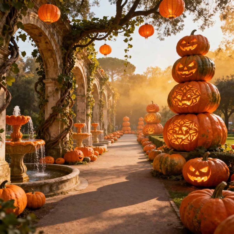 Giochi di zucca Mostra d'Oltremare a Napoli 3 Decorazioni di zucche di Halloween con facce spaventose, tra lanterne di carta e fontane in un parco autunnale, atmosfera festosa e suggestiva per il periodo di Halloween e l'autunno.