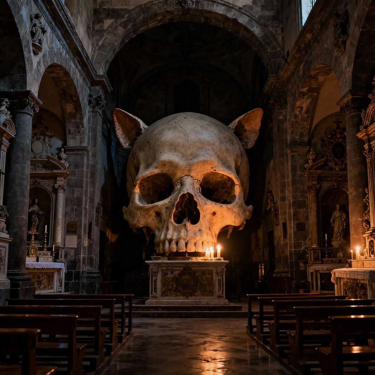 Chiesa di Santa Luciella ai Librai - teschio con le orecchie. Teschio con orecchie all'interno di una chiesa barocca, illuminata da candele, elemento inquietante e simbolico nell'ambito degli appunti sul blog.