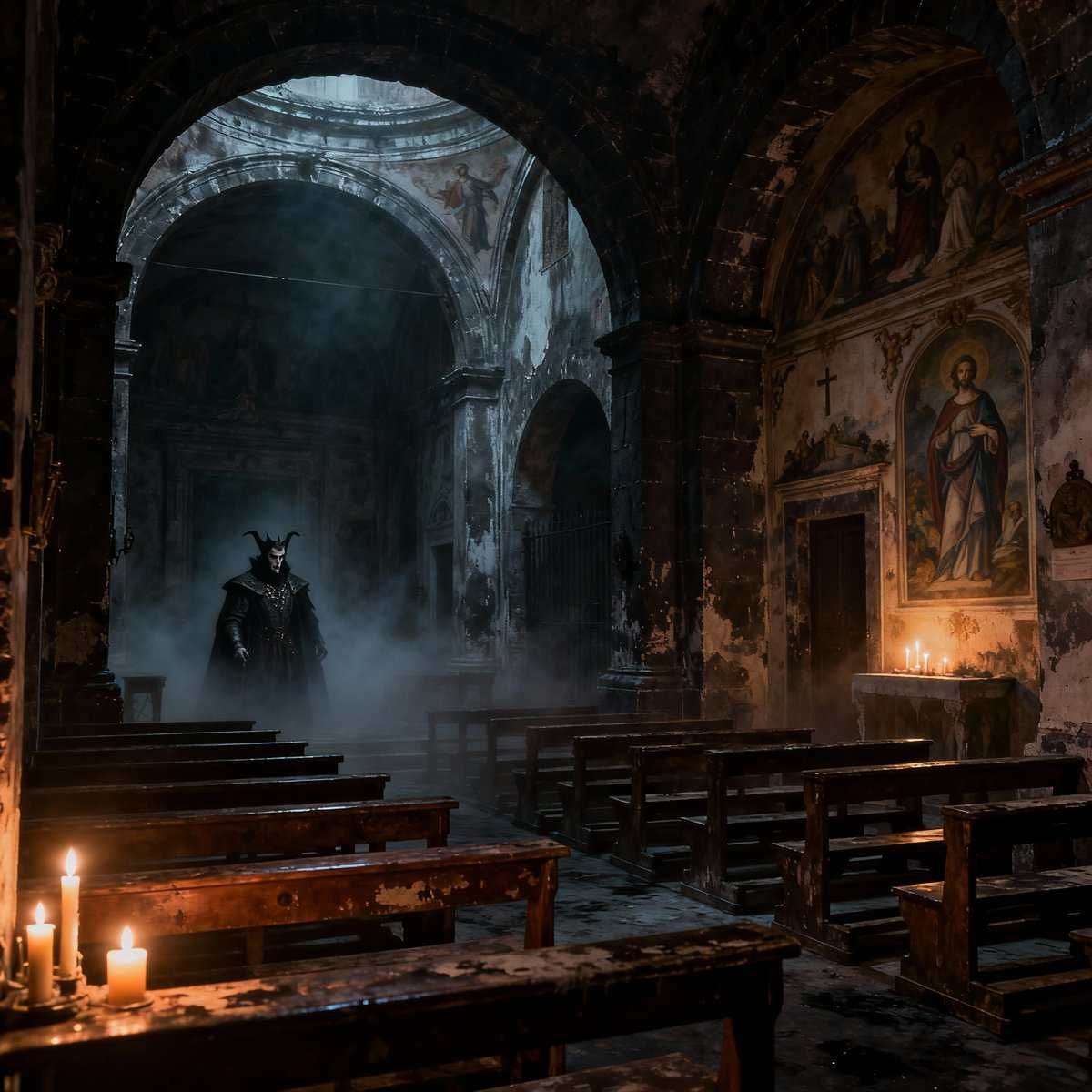 Chiesa di Santa Maria La Nova - tomba conte Dracula. Vampiro in una chiesa abbandonata, atmosfera spettrale e inquietante, illuminata da candele, con pareti decorate con affreschi sacri e un ambiente gotico e misterioso, perfetto per racconti horror o temi oscuri.