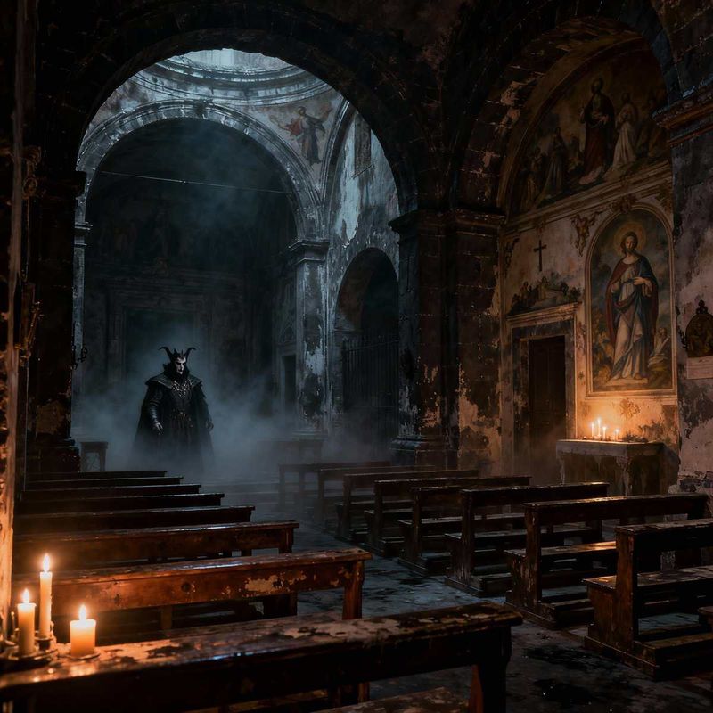 8 Chiese Spaventose Napoli: Teschi, Leggende e Misteri 5 Chiesa di Santa Maria La Nova - tomba conte Dracula. Vampiro in una chiesa abbandonata, atmosfera spettrale e inquietante, illuminata da candele, con pareti decorate con affreschi sacri e un ambiente gotico e misterioso, perfetto per racconti horror o temi oscuri.