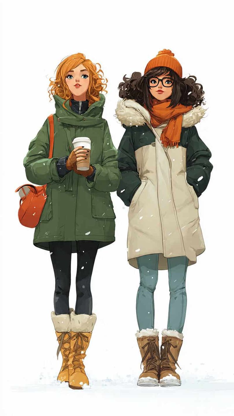 5 Idee Look per Donne Petite, moda donne basse 7 Didascalia di due ragazze in abbigliamento invernale, eleganti e calde, con cappotti, stivali e accessori alla moda, in un'ambientazione nevosa.