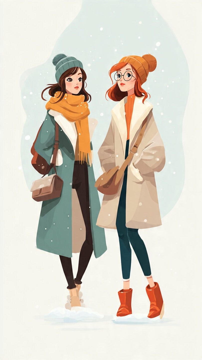 Due ragazze vestite con abbigliamento invernale, cappelli, sciarpe e stivali, passeggiano nella neve in un ambiente invernale, creando un'immagine di moda e stile durante la stagione fredda.