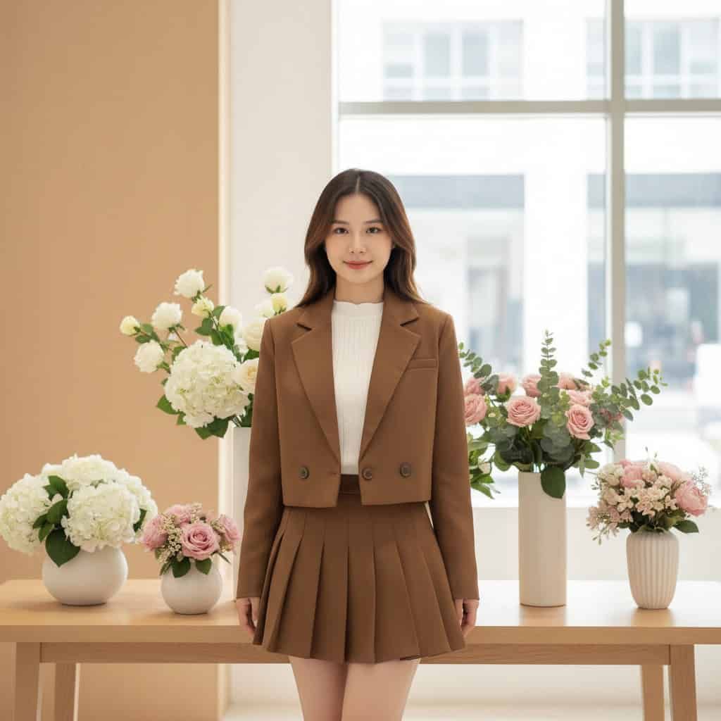 Short Blazer. Una donna sorridente indossa un completo top e gonna marrone con sfondo di fiori rosa e bianchi, in un ambiente luminoso e moderno, rappresentando stile e professionalità.
