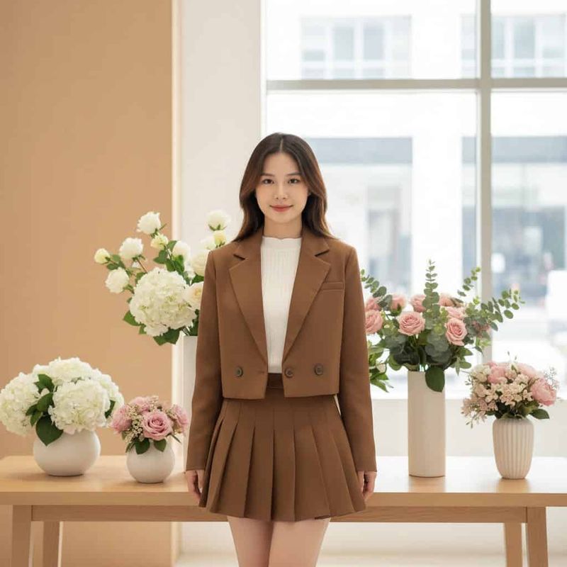 5 Idee Look per Donne Petite, moda donne basse 3 Short Blazer. Una donna sorridente indossa un completo top e gonna marrone con sfondo di fiori rosa e bianchi, in un ambiente luminoso e moderno, rappresentando stile e professionalità.