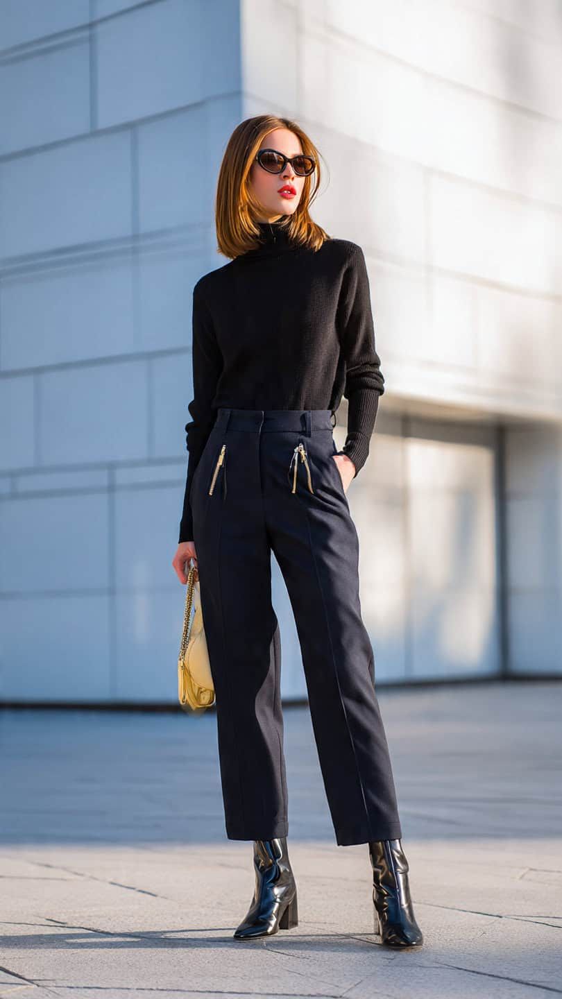 Donna con stile sofisticato, abbigliamento total black e occhiali da sole, posa su sfondo urbano moderno.