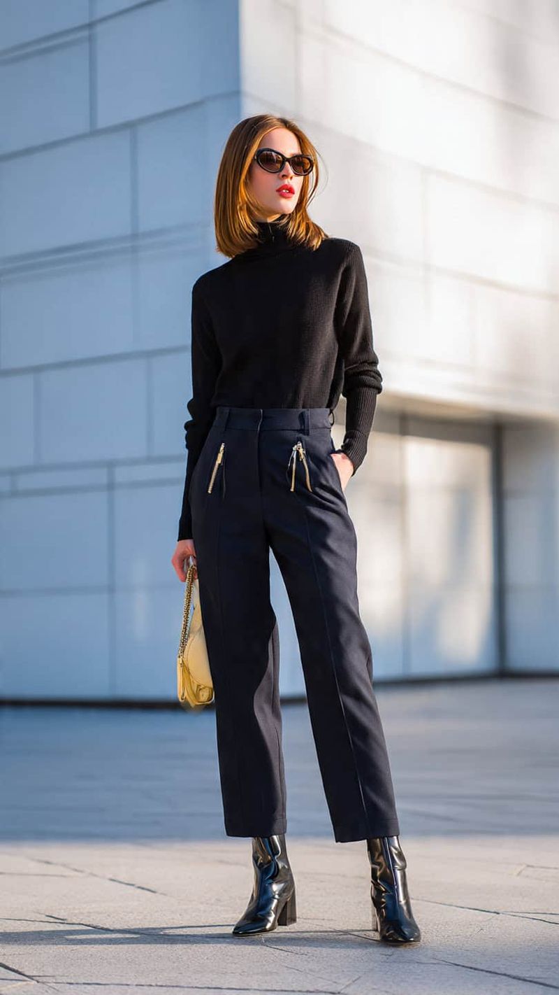 5 Idee Look per Donne Petite, moda donne basse 5 Donna con stile sofisticato, abbigliamento total black e occhiali da sole, posa su sfondo urbano moderno.