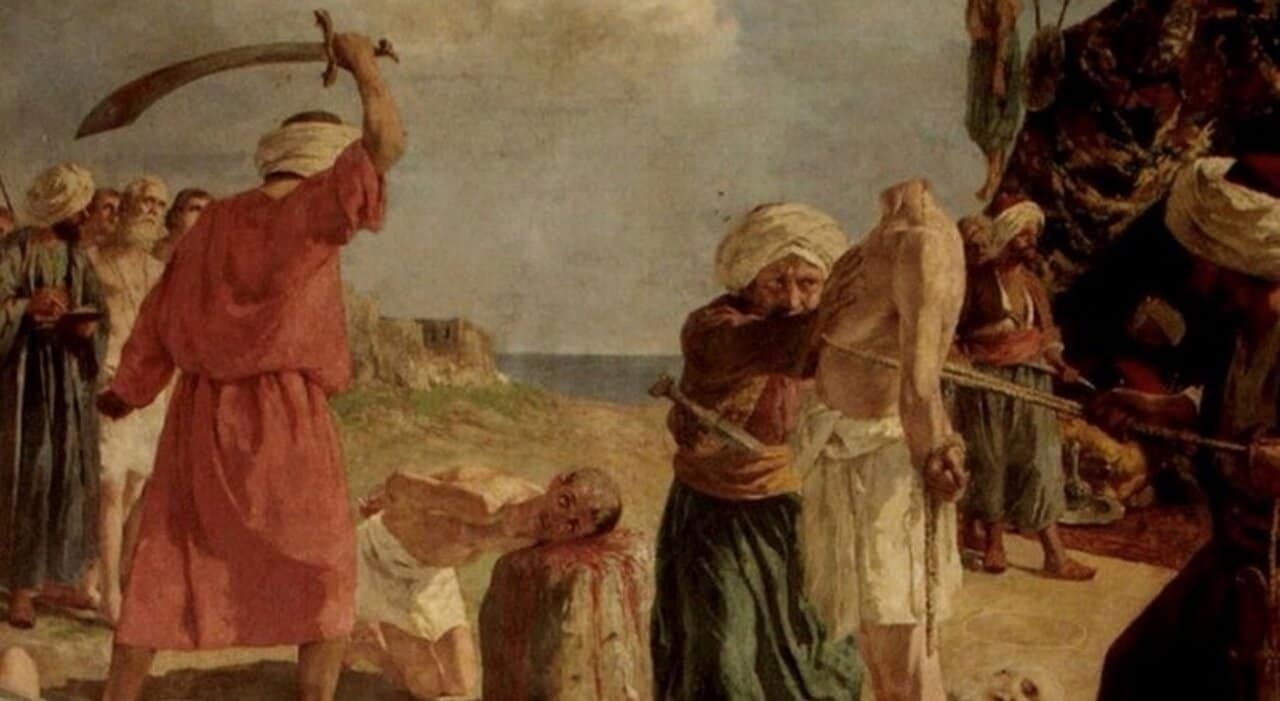 Tinta di un dipinto storico africano con figuranti in abiti tradizionali e turbanti, scena di guerra e resistenza culturale lungo la costa, simbolo di coraggio e battaglia.