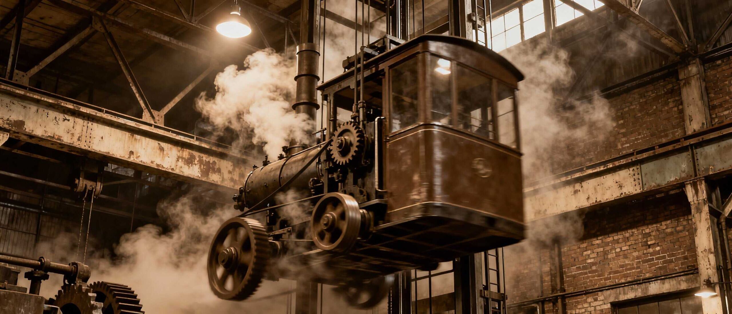 Vapore di una locomotiva d'epoca che si muove all'interno di un magazzino industriale abbandonato, creando un'atmosfera nostalgica e suggestiva.
