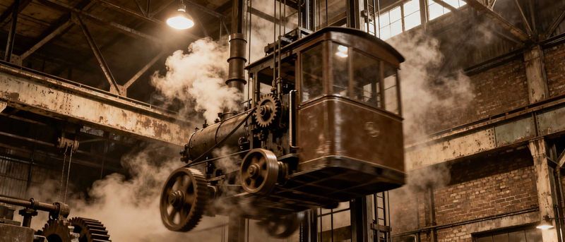Storia degli ascensori, dall'ascensore idraulico del 300 a.C. a oggi 4 Vapore di una locomotiva d'epoca che si muove all'interno di un magazzino industriale abbandonato, creando un'atmosfera nostalgica e suggestiva.