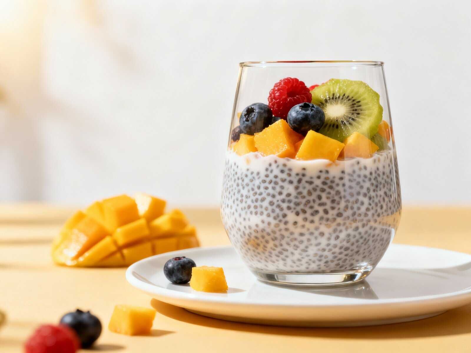 Frutta fresca e semi di chia in una brocca trasparente di yogurt, con mango, kiwi, mirtilli e lamponi