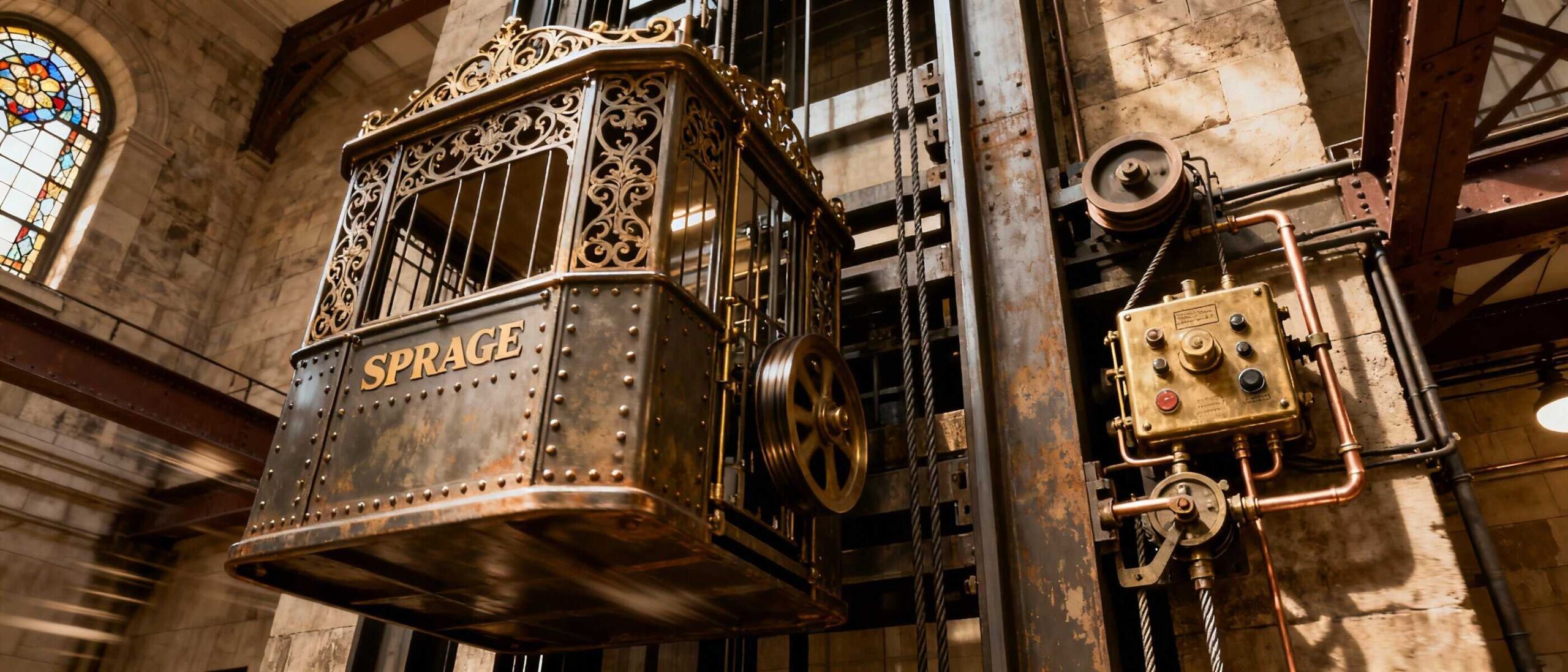 Ascensori di Sprague di stile vittoriano in metallo decorato, impianto di ascensore antica, tecnologia retrò in stile steampunk, ambiente storico di chiesa o cattedrale, decorazioni in metallo dorato e ottone, elementi di ingegneria industriale vintage, installazione di ascensore di design classico, mostra di design industriale in edifici storici, ascensore antico in stile artigianale, manufatto di ingegneria storica per musei o dimore storiche.
