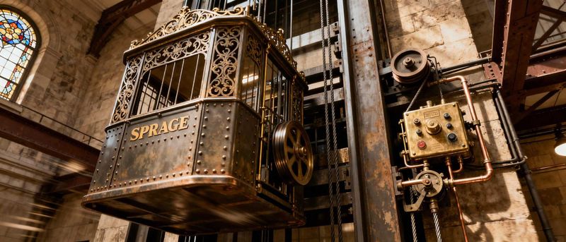 Storia degli ascensori, dall'ascensore idraulico del 300 a.C. a oggi 5 Ascensori di Sprague di stile vittoriano in metallo decorato, impianto di ascensore antica, tecnologia retrò in stile steampunk, ambiente storico di chiesa o cattedrale, decorazioni in metallo dorato e ottone, elementi di ingegneria industriale vintage, installazione di ascensore di design classico, mostra di design industriale in edifici storici, ascensore antico in stile artigianale, manufatto di ingegneria storica per musei o dimore storiche.
