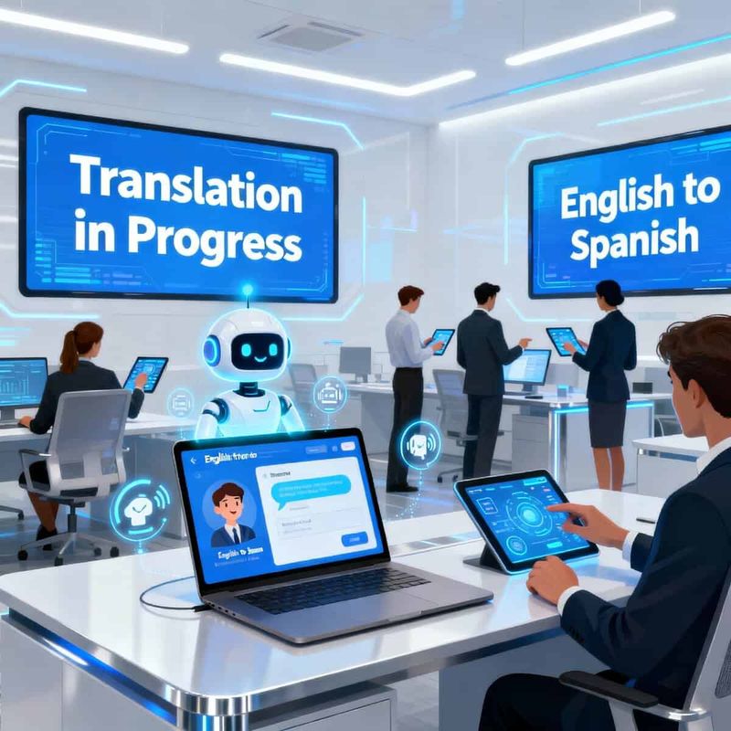 Intelligenza artificiale e assistenza virtuale nella vita quotidiana e nel mercato del lavoro 3 Traduzione in corso, assistenza linguistica, chatbot, intelligenza artificiale, traduzione automatica, tecnologia per traduzioni.