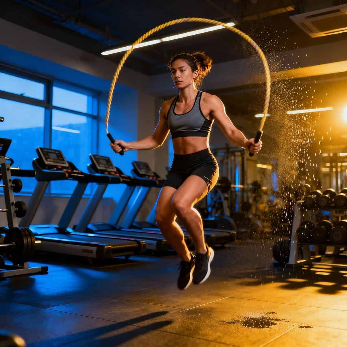 Una donna che fa esercizi di cardio con il salto con la corda in palestra moderna e ben illuminata, focus sulla forma fisica e fitness.