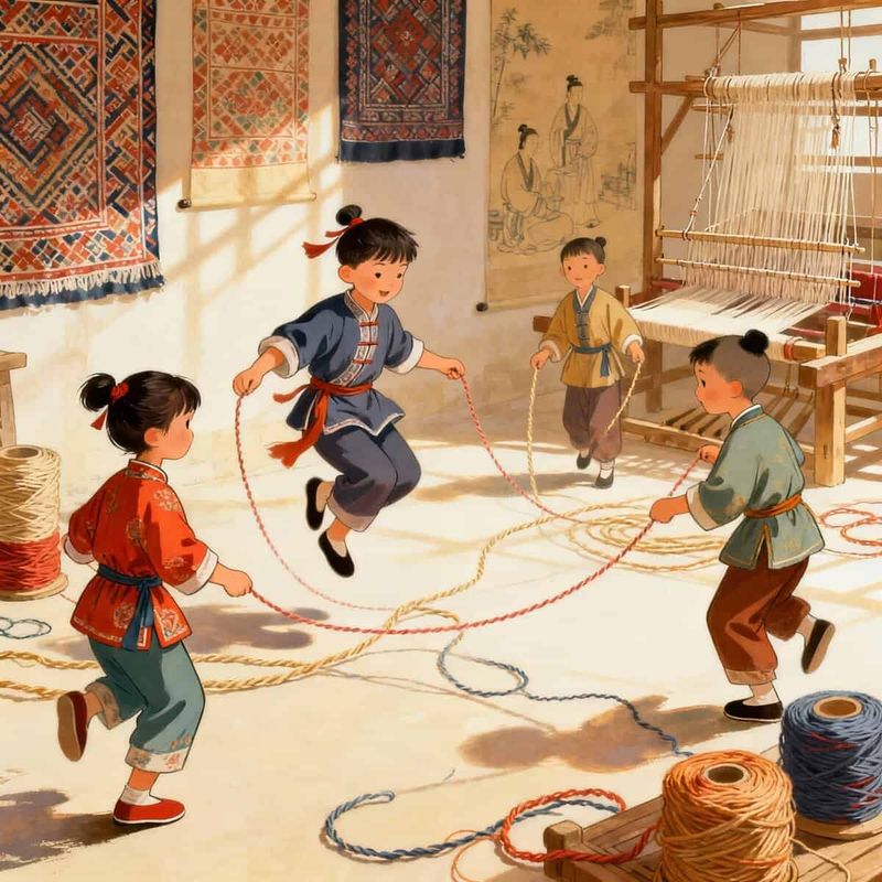 Chi ha inventato la corda per saltare? Storia, curiosità e benefici 2 Chi ha inventato la corda per saltare? Ragazzi cinesi che giocano con la corda in una stanza tradizionale con tappeti appesi e telai da tessitura. Scene di gioco e cultura cinese antica.