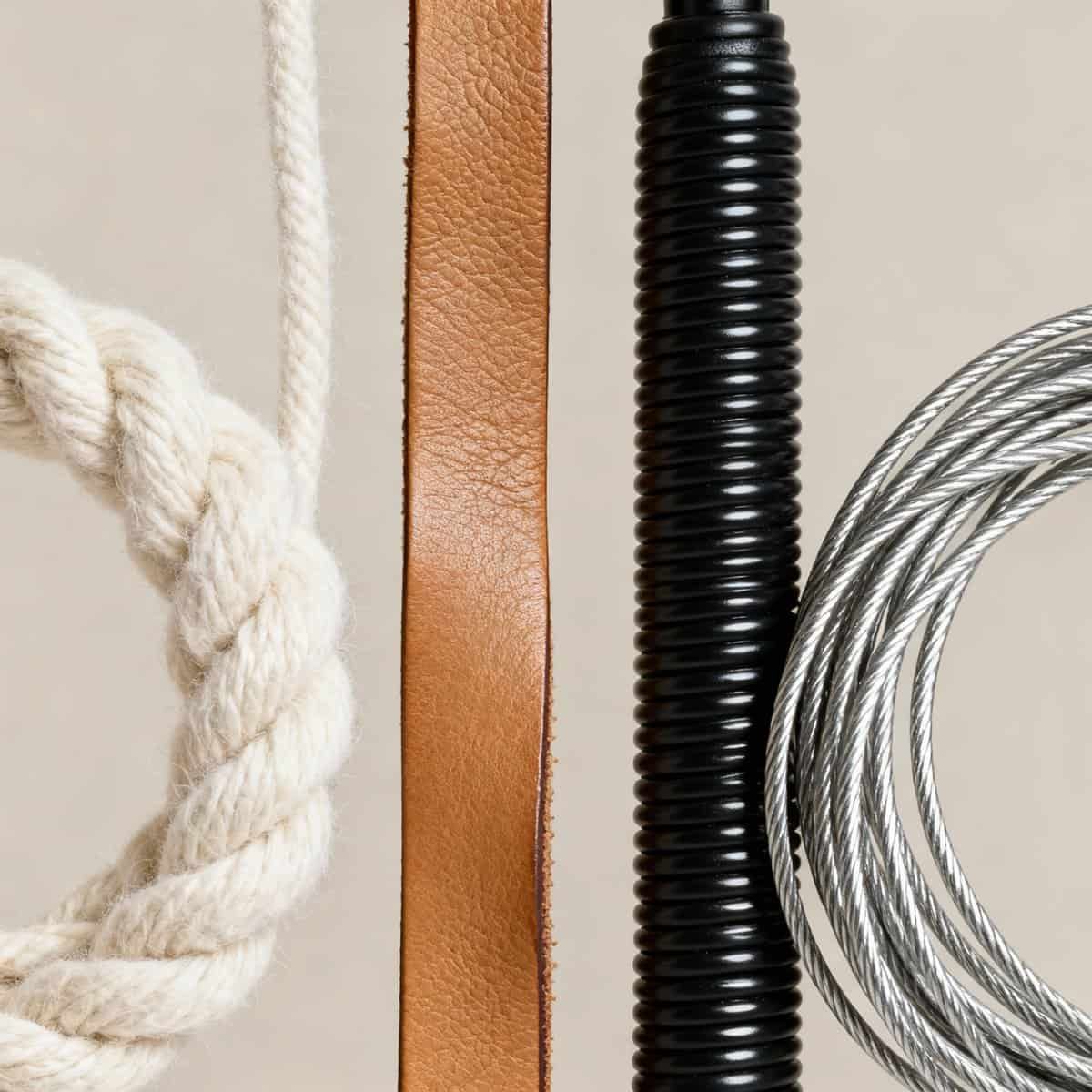 Corda di fiocco, lastra di pelle, tubo di plastica nera e filo di acciaio, elementi di materiali diversi con texture e colori distinti, ideali per progetti creativi e di design industriale.