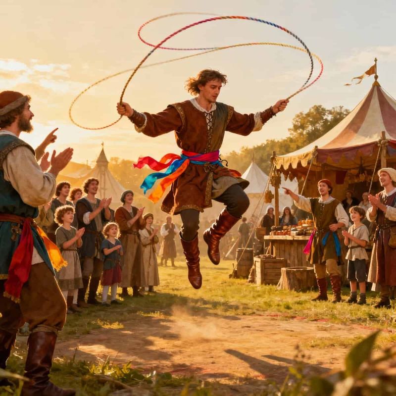 Chi ha inventato la corda per saltare? Storia, curiosità e benefici 3 Saltatore con il cerchio durante il festival medievale, scena di una rievocazione storica con tende e pubblico divertito, ambientata al tramonto.