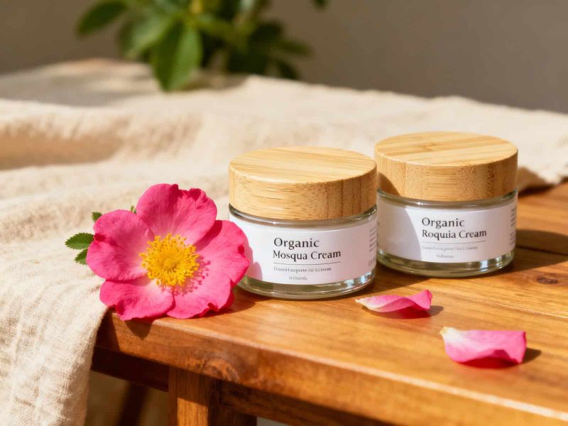 Ecco perché sempre più persone scelgono la bellezza naturale 4 Crema organica di rose e mosqueta in barattoli di vetro con coperchio di legno, fiori di rosa e petali colorati, ideale per skincare naturale e delicata.