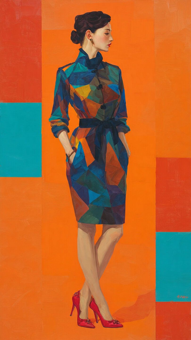Donna elegante in abito colorato e tacchi a spillo rossi, in stile pittura digitale con sfondo arancione e blu, ritratto di moda e stile.