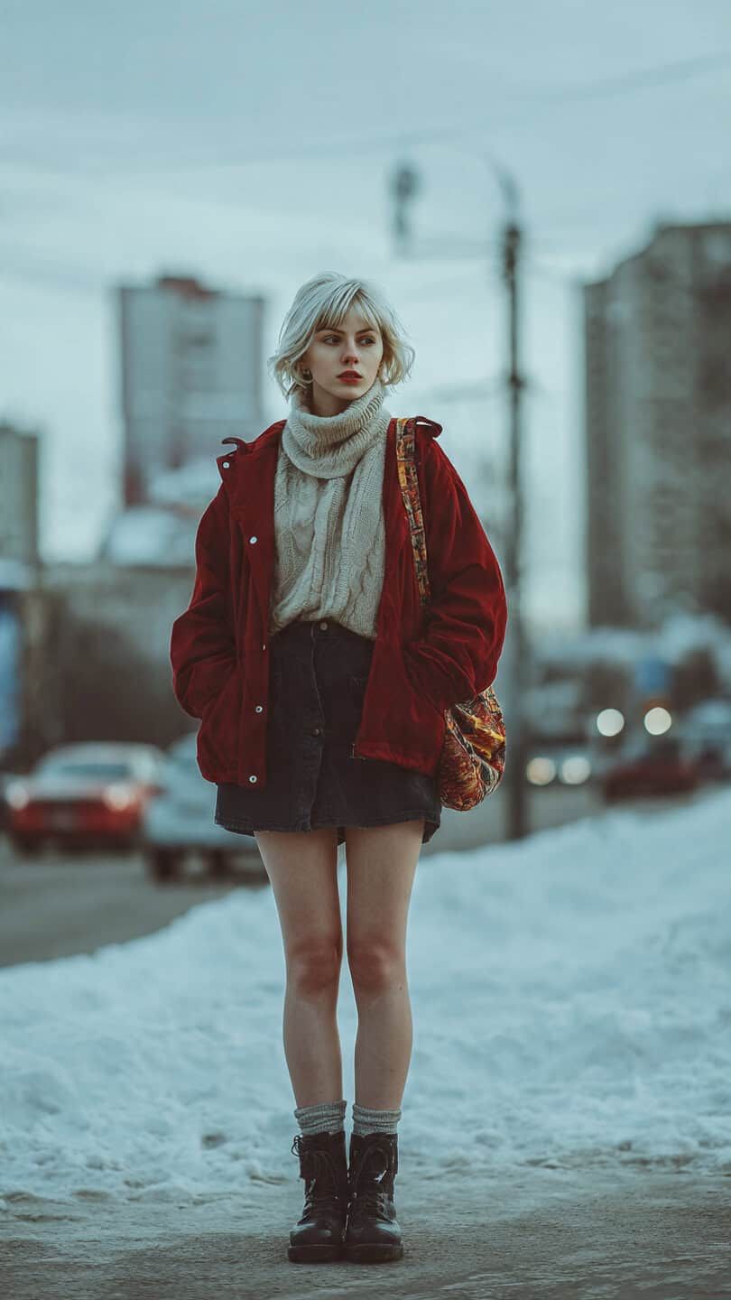Donna in stile urban con cappotto rosso, maglione grigio, gonna corta nera, calze e stivali, ambiente città invernale.