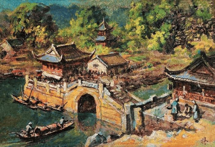 Pittura impressionista di un ponte storico con case tradizionali, barche sul fiume e persone che godono di una giornata all'aperto, ambientata in un paesaggio naturale ricco di verde e cultura locale.
