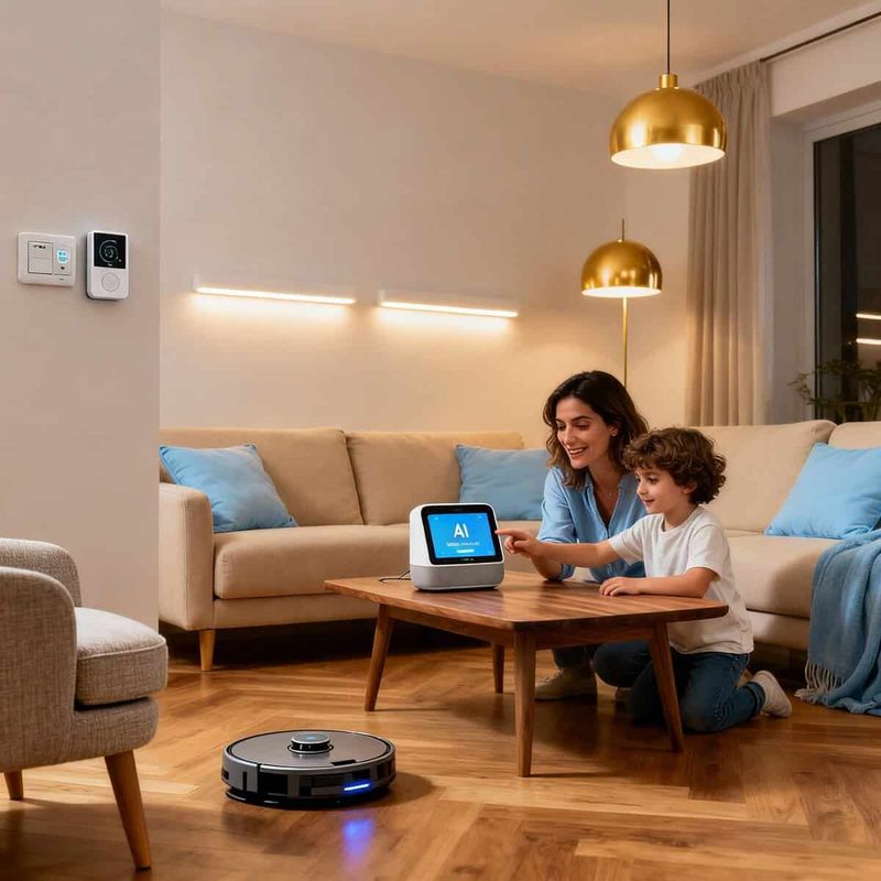 Intelligenza artificiale e assistenza virtuale nella vita quotidiana e nel mercato del lavoro 4 Smart home, robot aspirapolvere e assistente vocale a casa, tecnologia domestica, famiglia con dispositivi intelligenti, automazione domestica, innovazione e comfort abitativo, gadget anche per bambini, innovazioni smart living, vita quotidiana tech, gestione casa intelligente.
