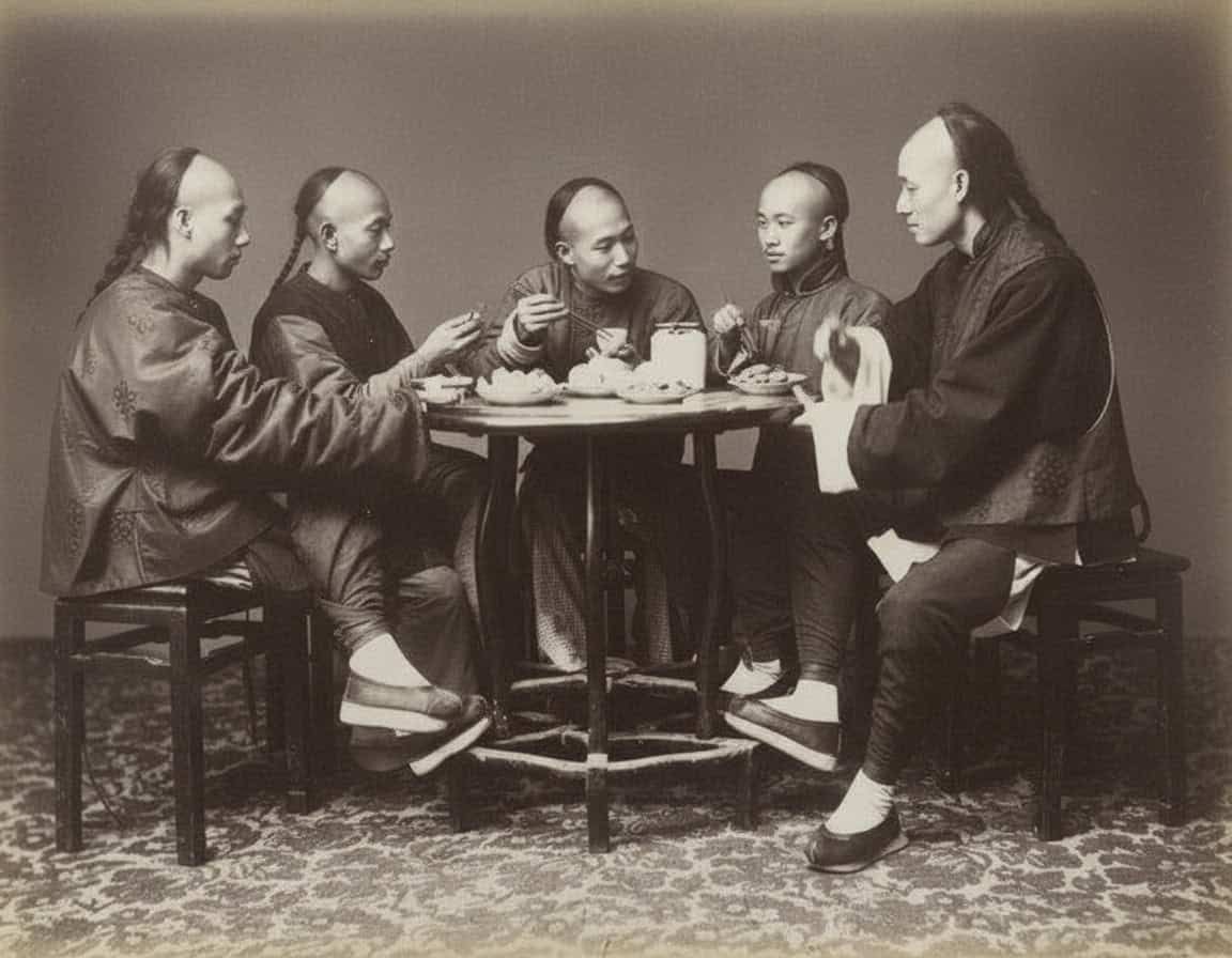 cinque uomini vestiti in abiti tradizionali cinesi Qing, con treccia manciù, seduti attorno a un tavolo rotondo, mentre mangiano e parlano, foto stile antico, interno, tappeto decorato