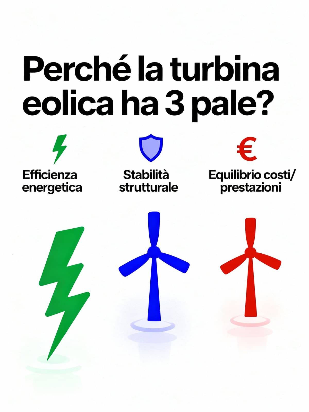 Alta testo: Turbine eoliche con tre pale che migliorano efficienza energetica, stabilità strutturale e ottimizzano costi e prestazioni.