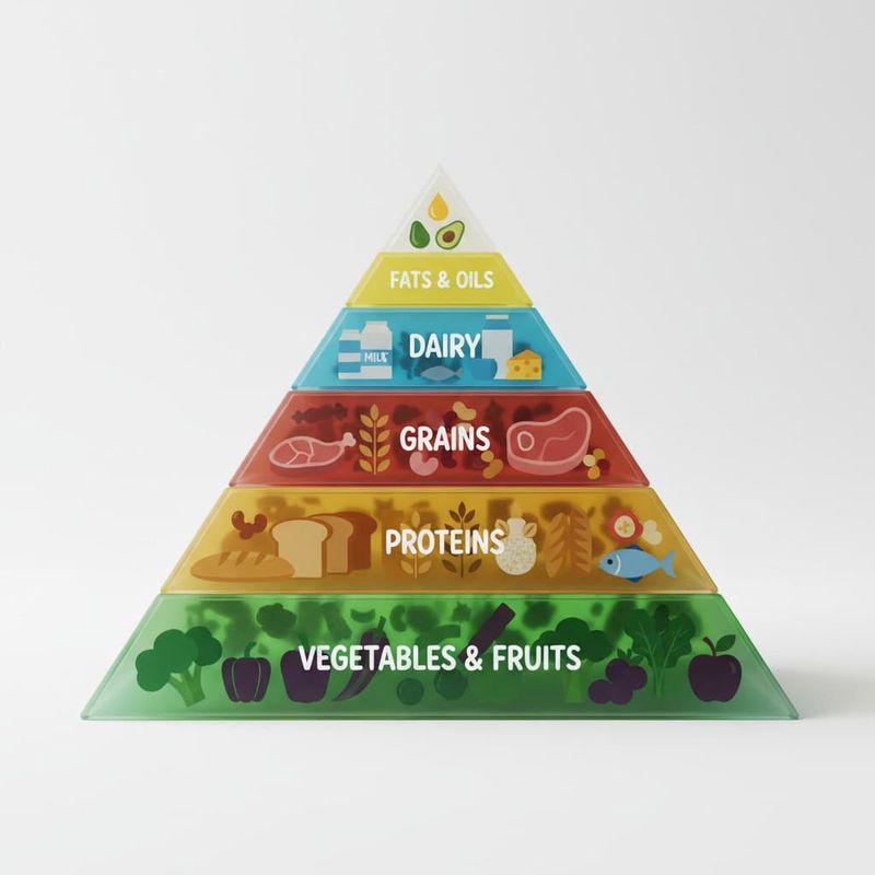 Bambino è in sovrappeso: cause, rischi e cosa fare (2026) 5 Alimentazione sana, piramide alimentare con verdure, proteine, cereali, latticini e grassi sani per uno stile di vita equilibrato e nutriente.