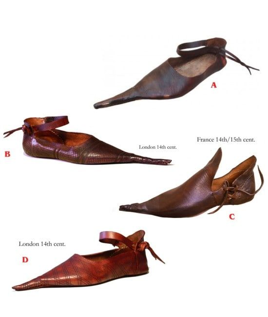 Perché le donne amano le scarpe a punta? 3 Piatto di scarpe in pelle storiche, tra cui calzature francesi e londinesi del XIV e XV secolo, con dettagli sulla storia e l'evoluzione delle scarpe antiche. Perfetto per appassionati di moda vintage e calzature storiche.